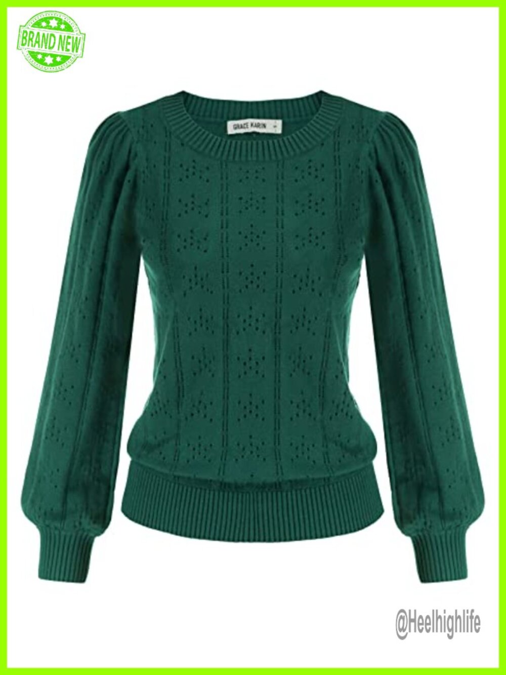 Women's Puff Long Sleeve Crochet Knit Sweater Pullover Slim Fit